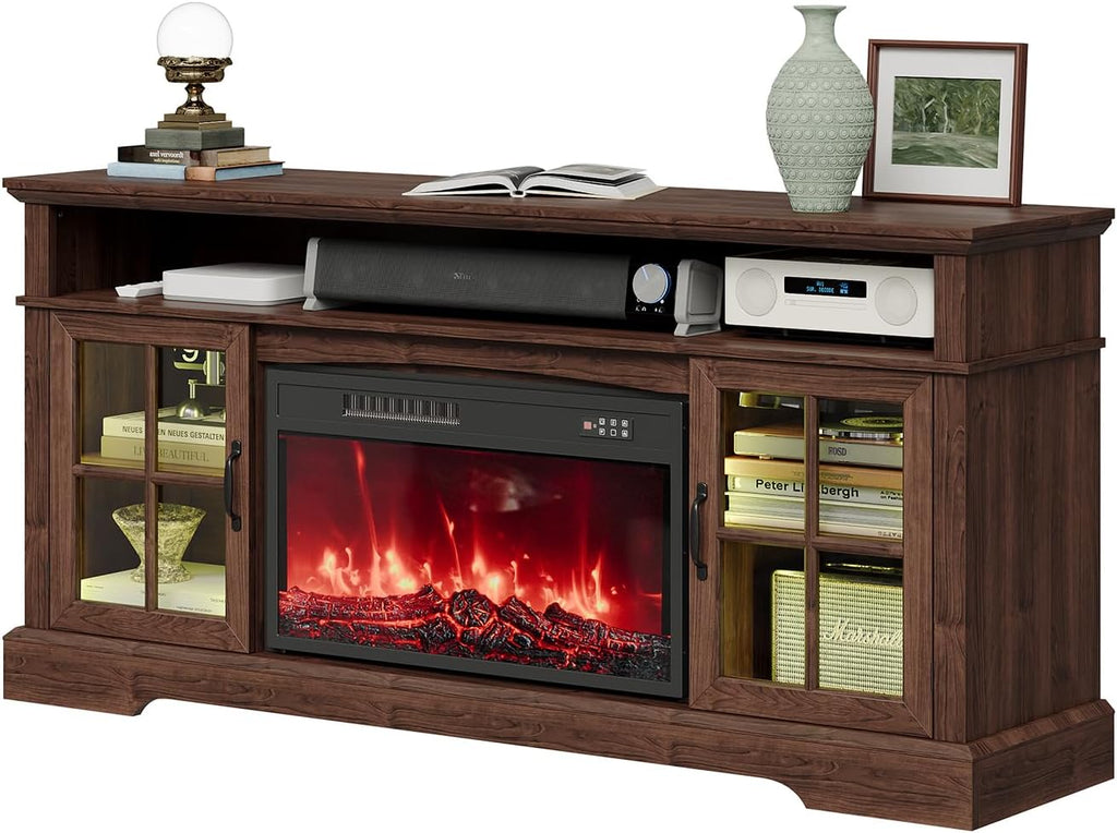 58' Farmhouse TV Stand with 23' Fireplace for TVs up to 80', Media Entertainment Center with Adjustable Shelves and Large Storage Cabinets, for Living Room, Brown & Black