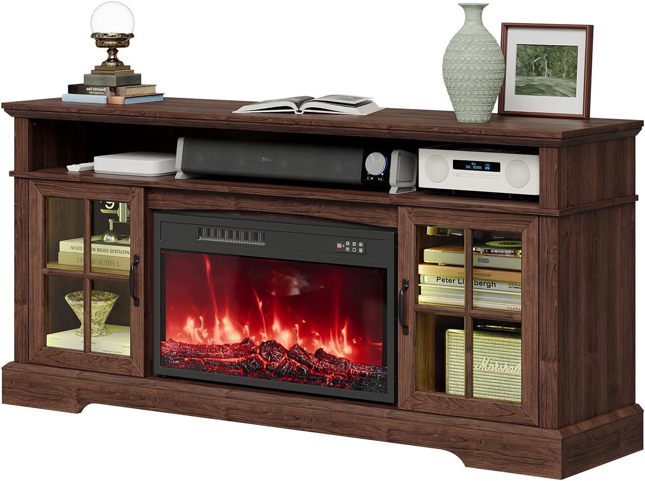58' Farmhouse TV Stand with 23' Fireplace for TVs up to 80', Media Entertainment Center with Adjustable Shelves and Large Storage Cabinets, for Living Room, Brown & Black