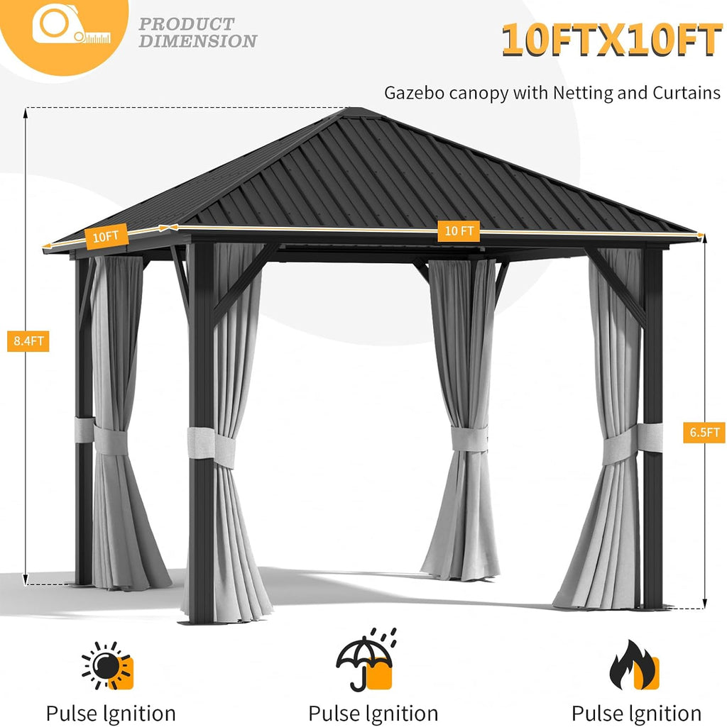 10FTx10FTHardtop Gazebo, Galvanized Steel Outdoor Aluminum Single Top Pavilion, Permanent Metal Gazebo with Netting and Curtains, for Patio, Backyard and Deck…