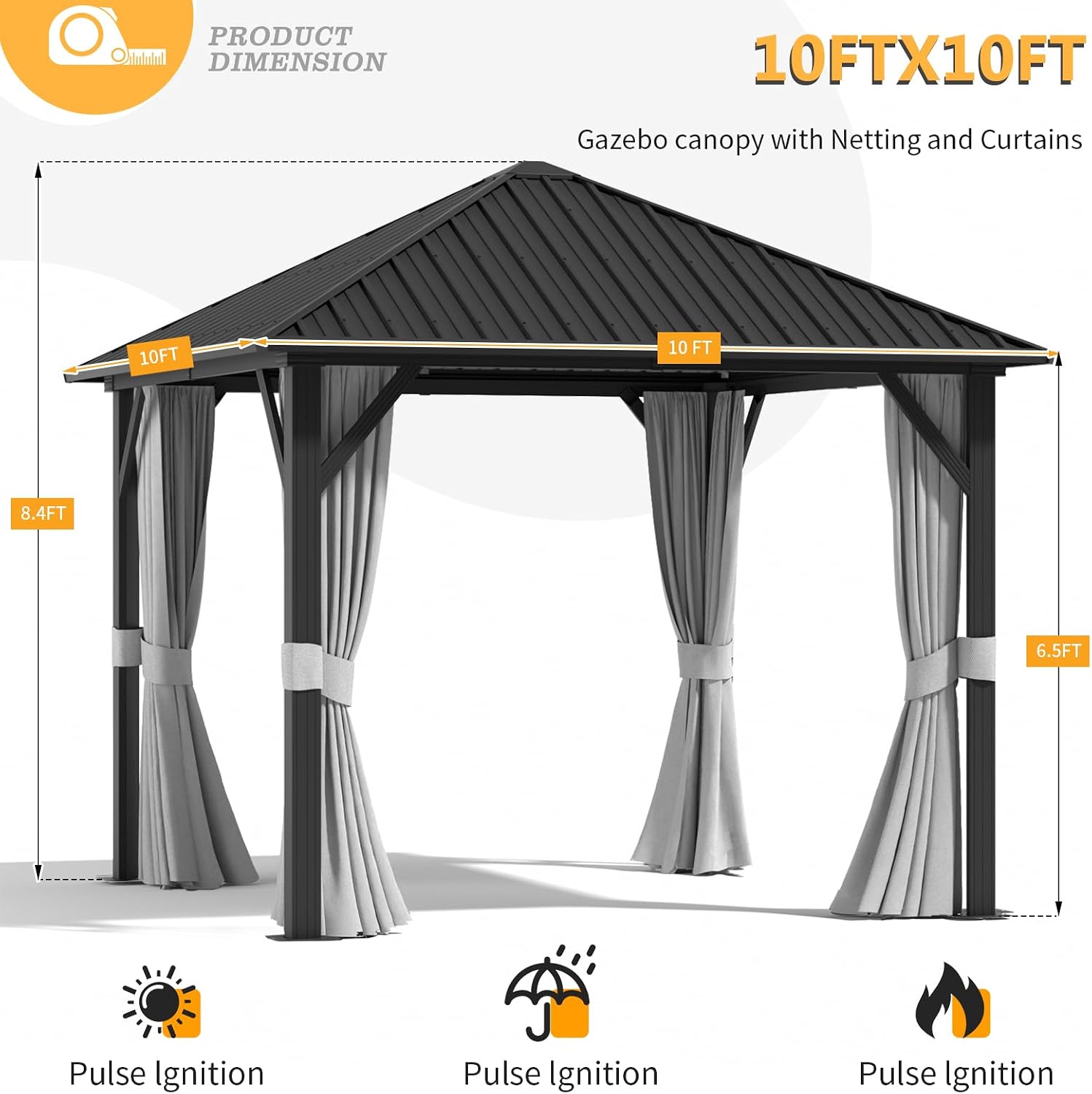 10FTx10FTHardtop Gazebo, Galvanized Steel Outdoor Aluminum Single Top Pavilion, Permanent Metal Gazebo with Netting and Curtains, for Patio, Backyard and Deck…