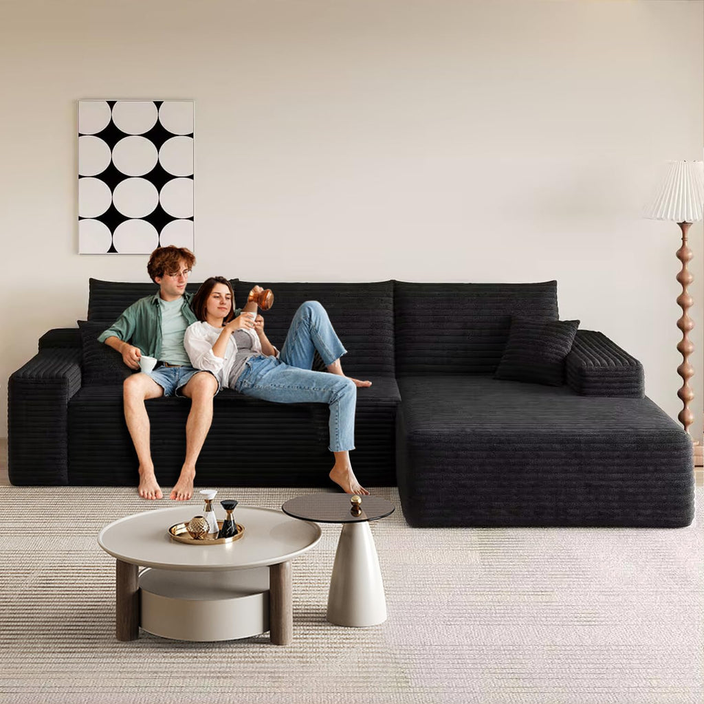 107.5' L-Shaped Sectional Modern Boneless Corduroy Couch with Chaise-No Assembly Required! Deep-Seat, Upholstered Modular Cloud Sofa for Living Room, Plush Corduroy Fabric (Black,Right Facing Chaise)