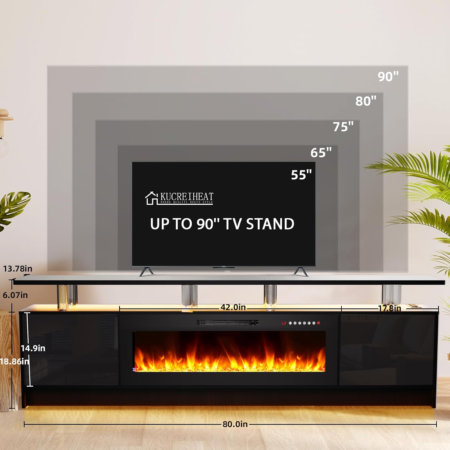 Kucreiheat Fireplace TV Stand for 70-90 inch TV, Large Entertainment Center with Fireplace,Power Outlet & LED Lights,High Gloss Living Room Storage Cabinet, Black, 80''(High)