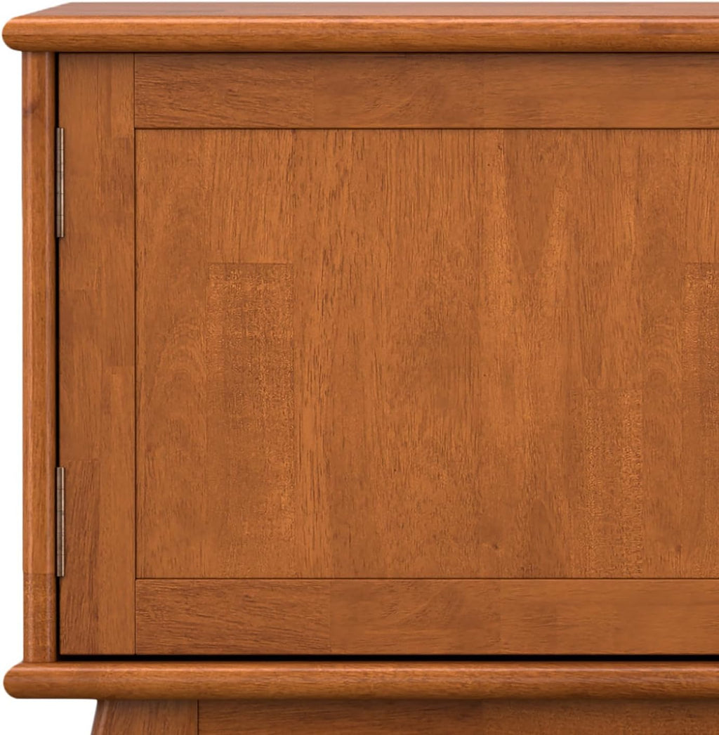 SIMPLIHOME Draper TV Stand - 72 inch Wide Solid Wood Media Console in Teak Brown, Mid Century Modern Entertainment Center for Living Room for TVs up to 80 Inches with Cabinets and Cable Management