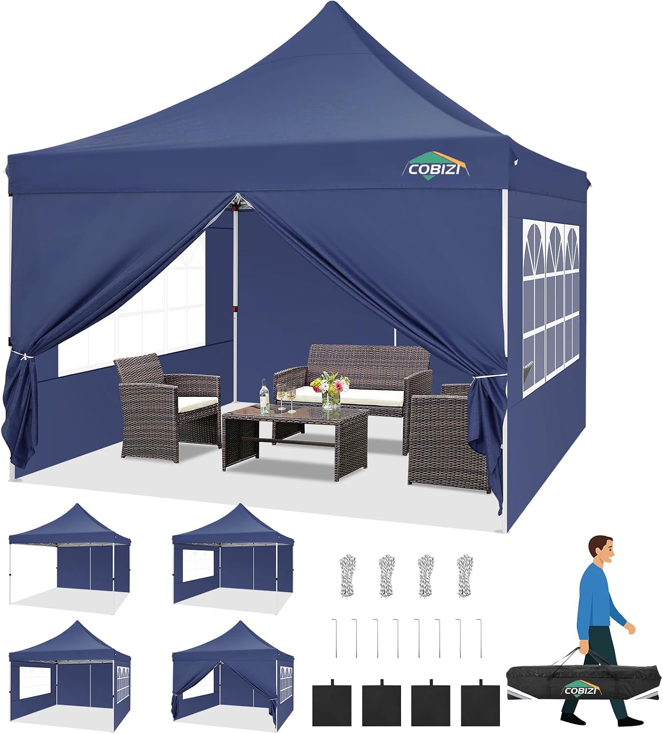 COBIZI Canopy 10x10 Pop Up Canopy Tent with Sidewalls, Commercial Party Tent Ez Waterproof Outdoor Instant Gazebo UV 50+ Event Shelter, Garden Tents for Parties Camping with Sandbags,Dark Blue