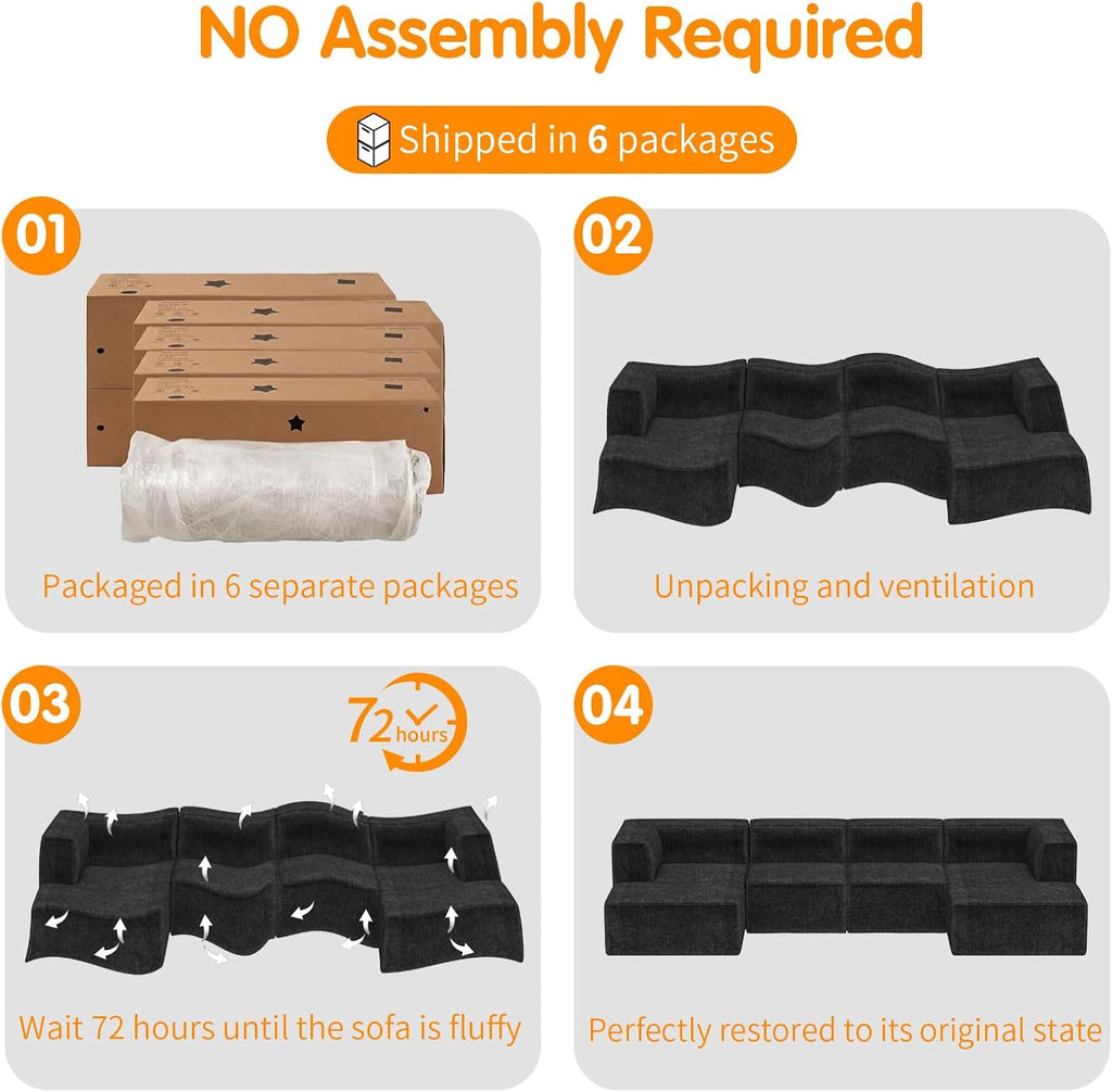 136' 6-Piece Sectional Sofa Modular Couches,L-U-Shaped with Chaise,for Living Room,Compressed Foam No Assembly,for Living Room (2xArmless Corner Ottoman) Fabric Chenille Dark Grey