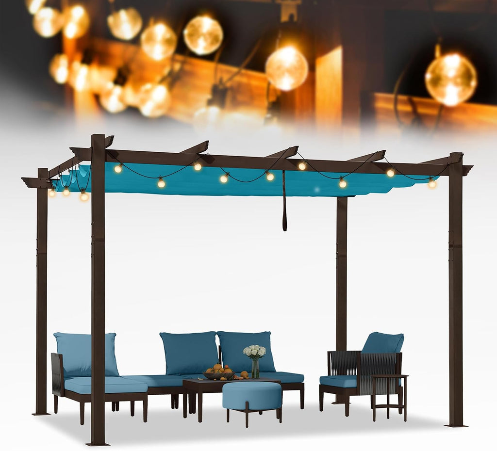 PURPLE LEAF 10' x 12' Retractable Pergola Outdoor Aluminum White Pergola with Sun Shade Canopy Patio Modern Bronze Shelter for Garden Yard Deck Grape, Turquoise Blue