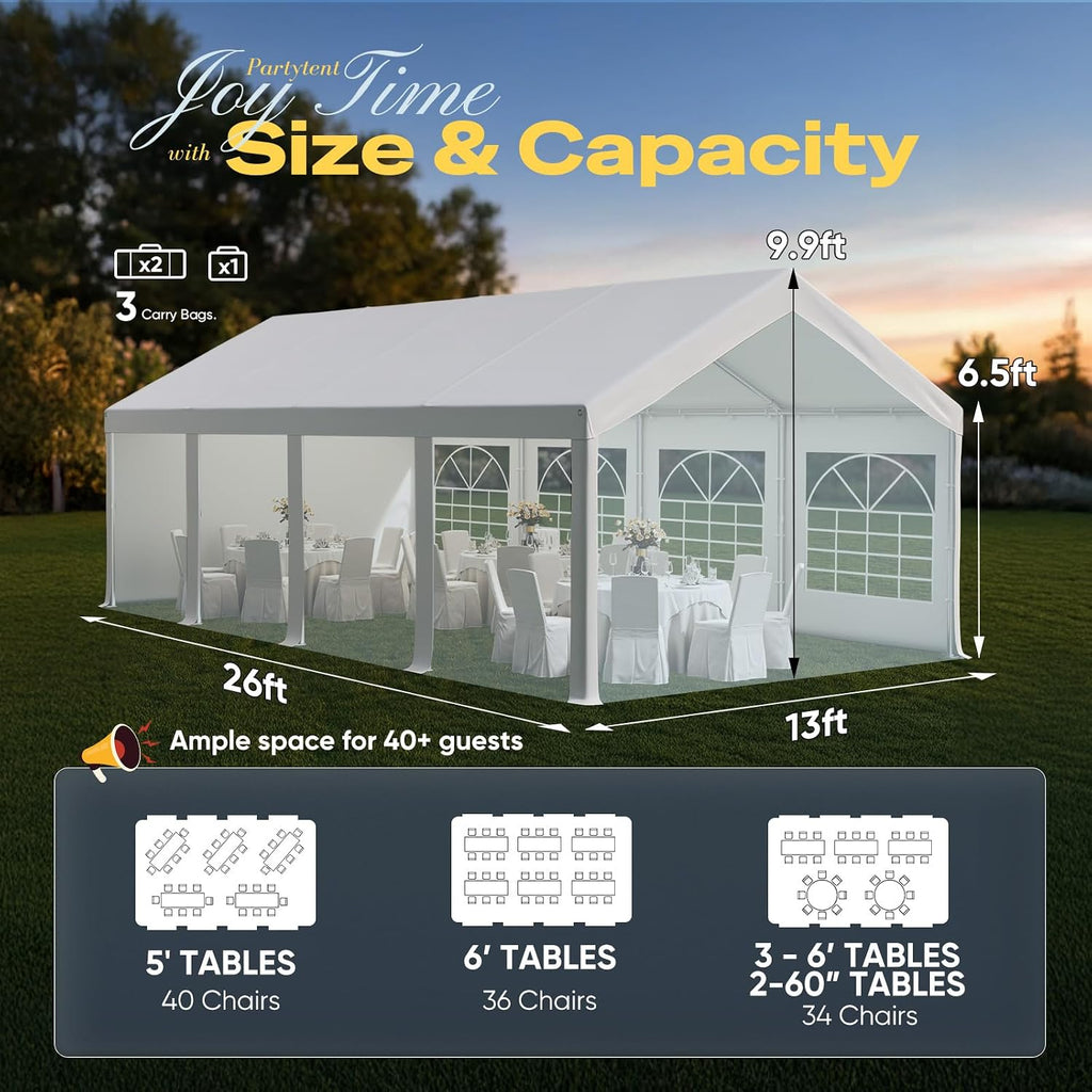 Quictent 13x26ft Party Tent Heavy Duty Outdoor Gazebo White Party Wedding Tent Canopy Shelter Carport with 4 Carry Bags