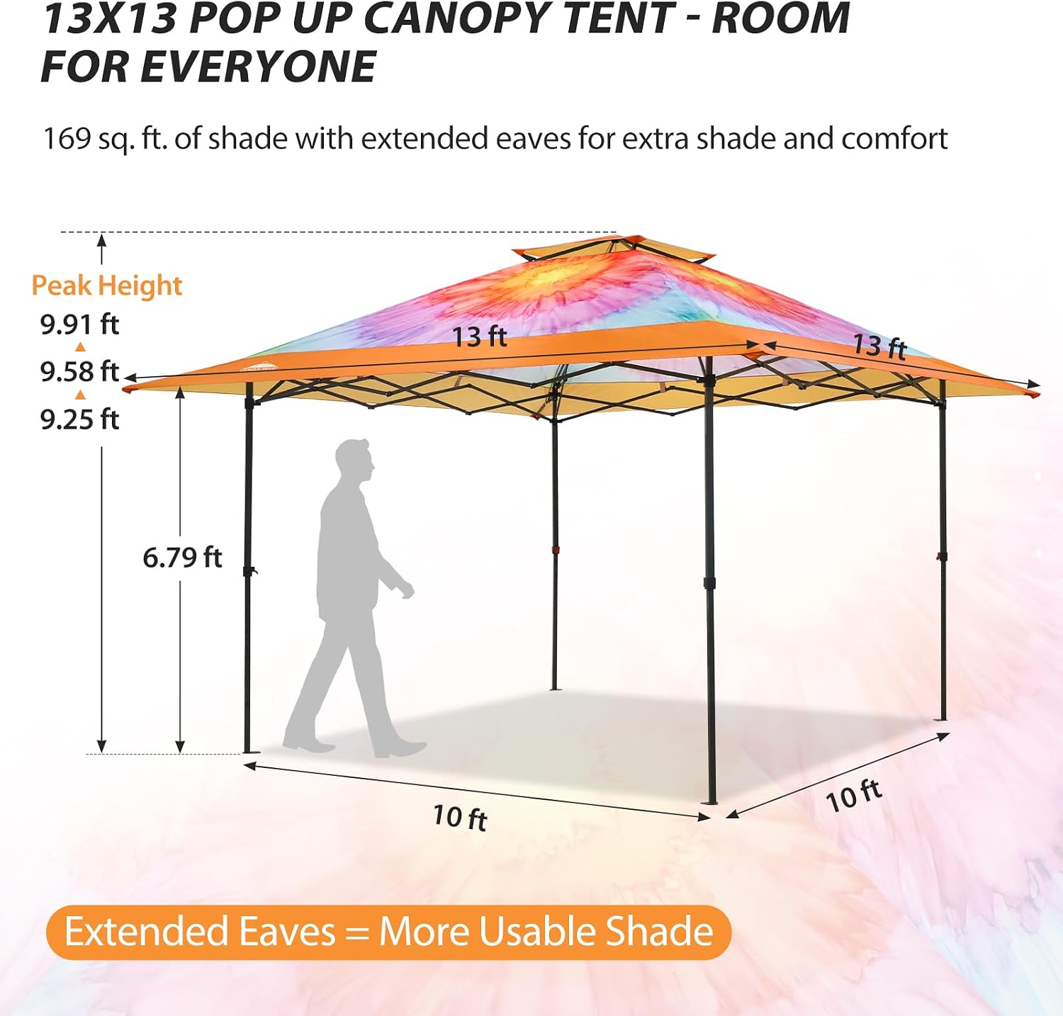 EAGLE PEAK 13x13 Straight Leg Pop Up Canopy Tent Instant Outdoor Canopy Easy Single Person Set up Folding Shelter w/Auto Extending Eaves 169 Square Feet of Shade (Floral Tie Dye)