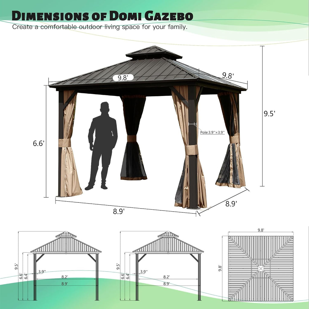 Domi 10'x10' Hardtop Gazebo, Outdoor Metal Gazebo with Galvanized Steel Double Roof, Curtains & Netting, Permanent Pavilion for Patio, Backyard, Party, Outdoor Dining, Brown