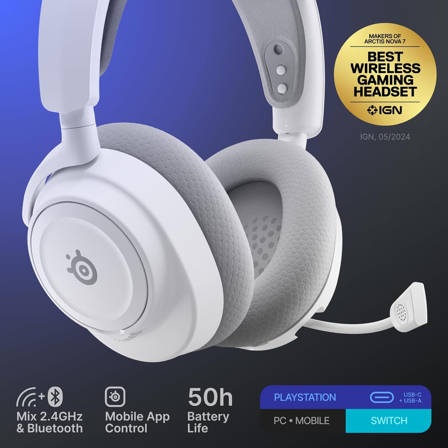SteelSeries Arctis Nova 7P Wireless Gen 2 Gaming Headset - Real-Time App Control, 50+ HR Play, Neodymium Magnetic Drivers, Mix 2.4GHz/Bluetooth, PS5, PS4, PC, Switch 1/2, Mobile - White