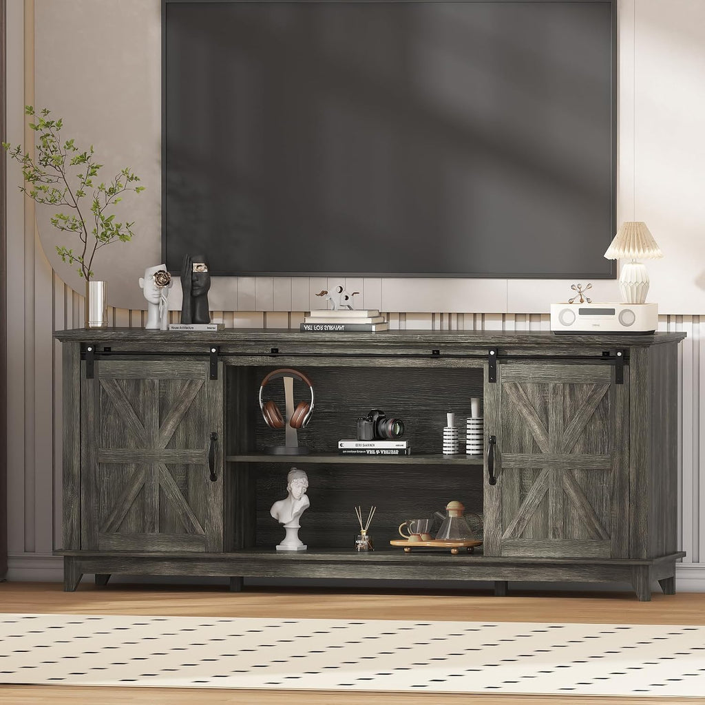Garvee Home Farmhouse TV Stand for 75 in Television, Wood Entertainment Center with Storage & Barn Doors, Adjustable Shelf Media TV Console Table Cabinet for Living Room, 66 in Large, Oak