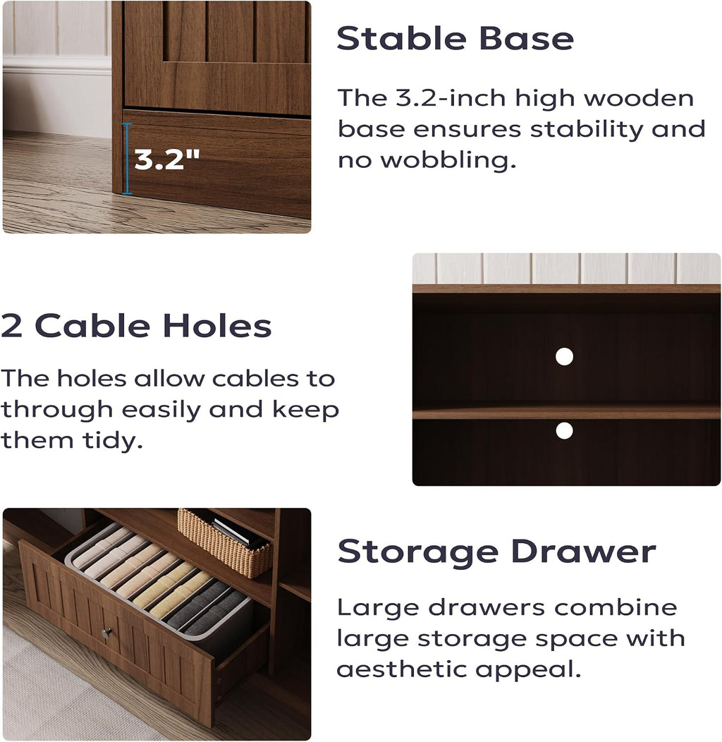 Furnify 63 in Farmhouse TV Stand for TVs up to 70 Inch, Modern Entertainment Center with Storage Drawer and Open Shelves, Shaker Door TV Console Media Cabinet for Living Room, Bedroom, Walnut