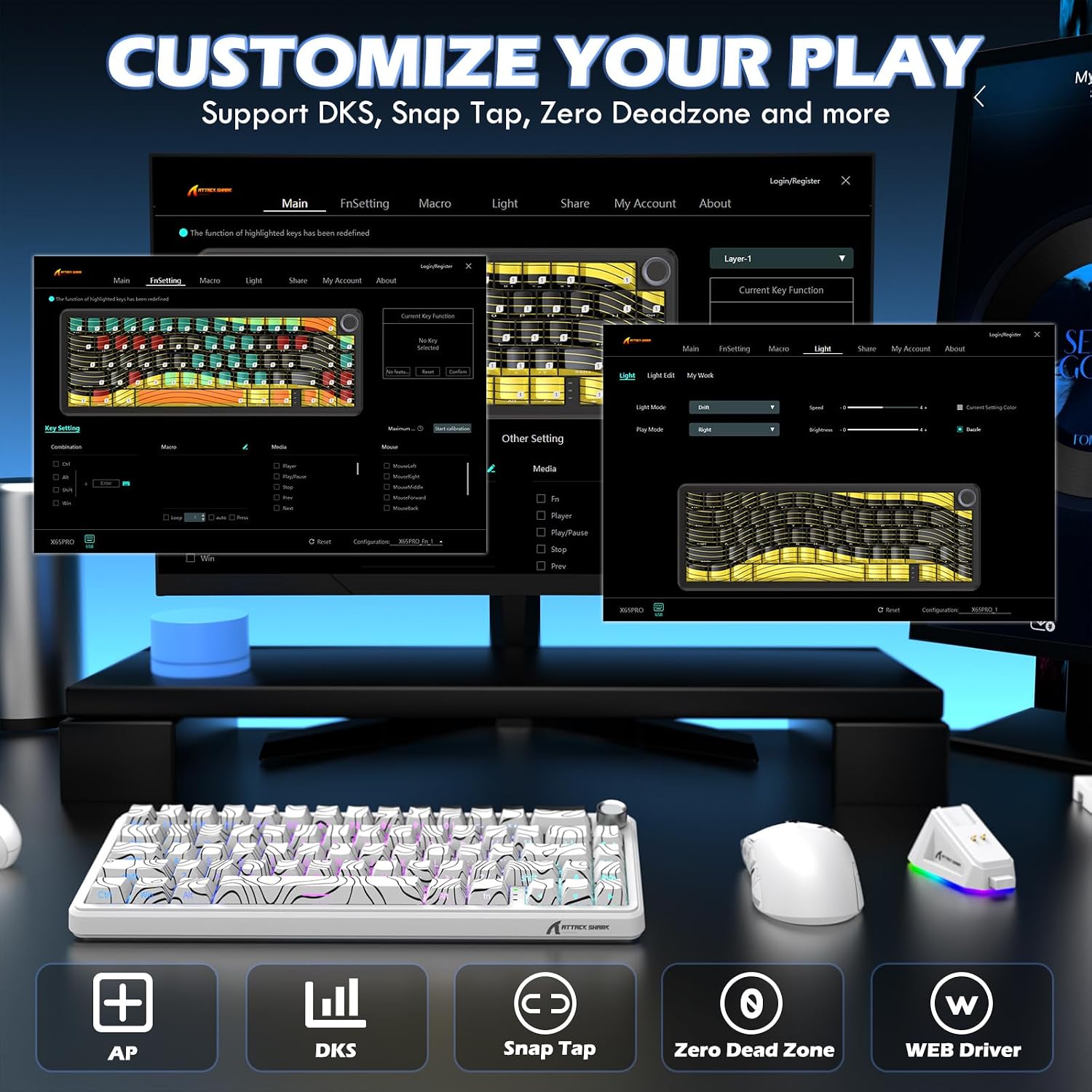 ATTACK SHARK X11 & X65 PRO HE Rapid Trigger Hall Effect Keyboard,60% Magnetic Keyboard 8K Polling Rate RGB Hot Swap,Wireless Gaming Mice with Charging Dock 22K DPI,BT/2.4Ghz/Wired,Coiled Cable-White