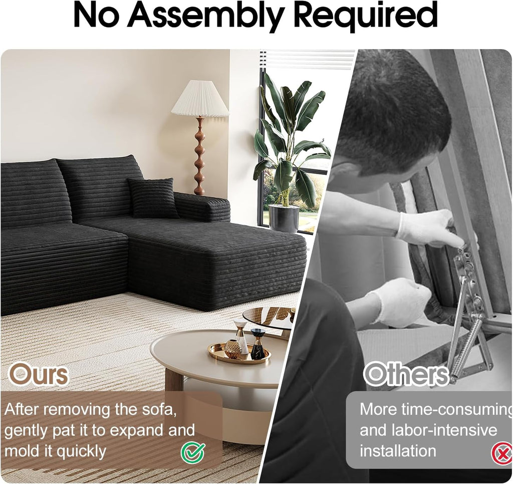 107.5' L-Shaped Sectional Modern Boneless Corduroy Couch with Chaise-No Assembly Required! Deep-Seat, Upholstered Modular Cloud Sofa for Living Room, Plush Corduroy Fabric (Black,Right Facing Chaise)