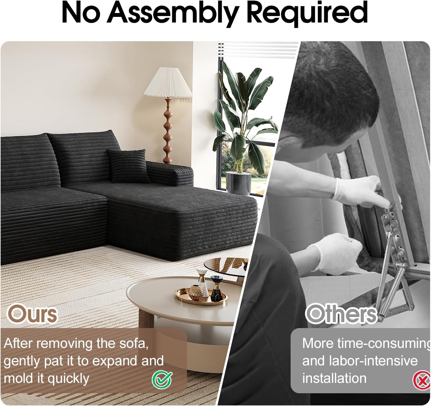 107.5' L-Shaped Sectional Modern Boneless Corduroy Couch with Chaise-No Assembly Required! Deep-Seat, Upholstered Modular Cloud Sofa for Living Room, Plush Corduroy Fabric (Black,Right Facing Chaise)
