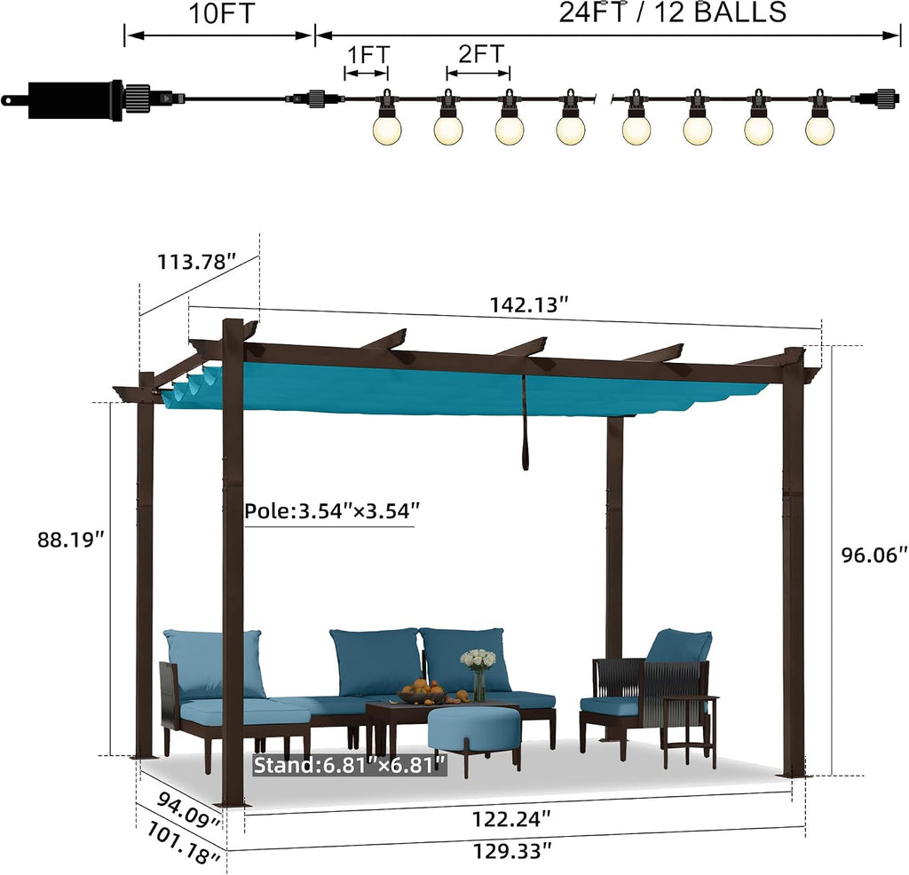 PURPLE LEAF 10' x 12' Retractable Pergola Outdoor Aluminum White Pergola with Sun Shade Canopy Patio Modern Bronze Shelter for Garden Yard Deck Grape, Turquoise Blue