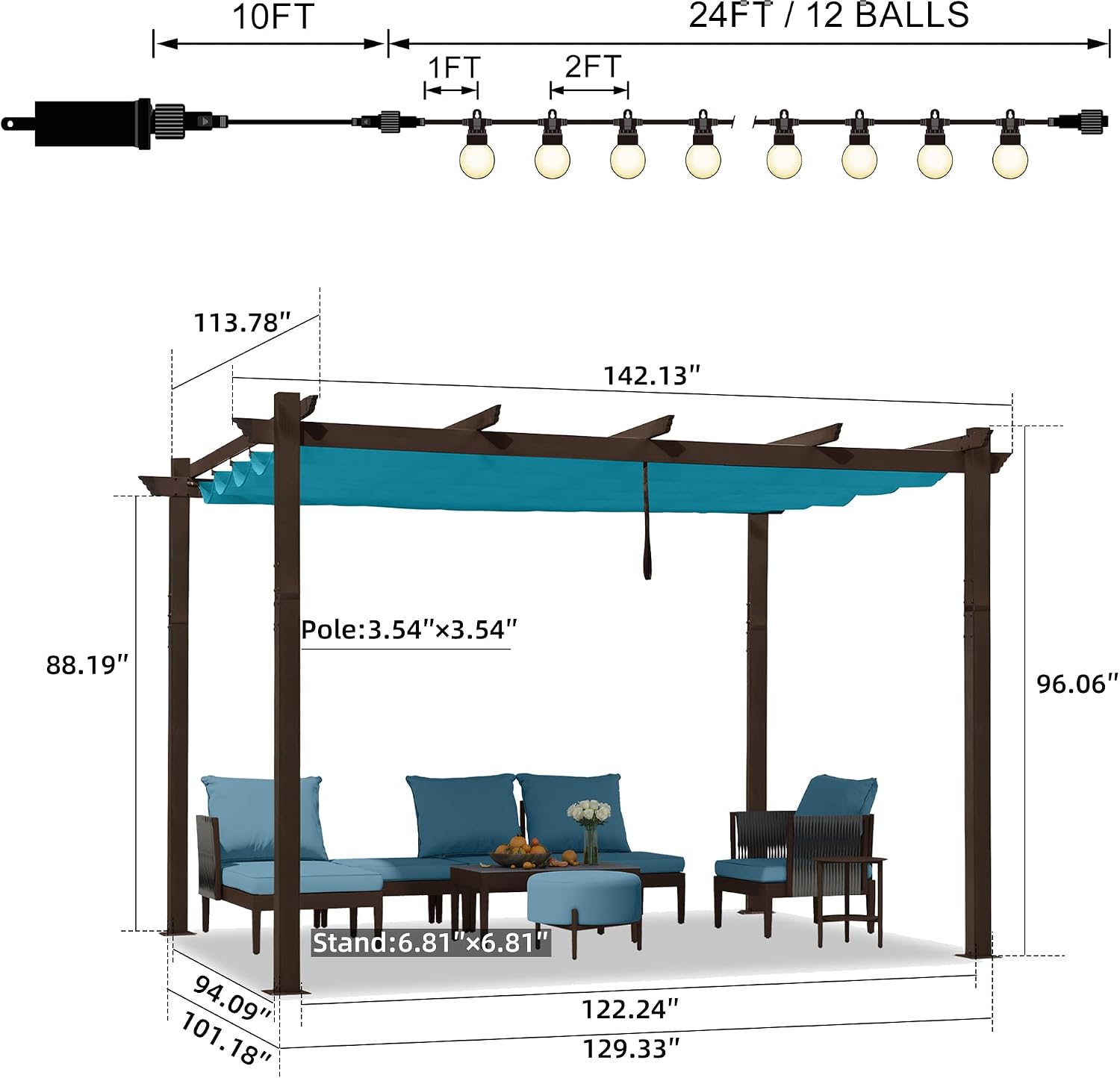 PURPLE LEAF 10' x 12' Retractable Pergola Outdoor Aluminum White Pergola with Sun Shade Canopy Patio Modern Bronze Shelter for Garden Yard Deck Grape, Turquoise Blue