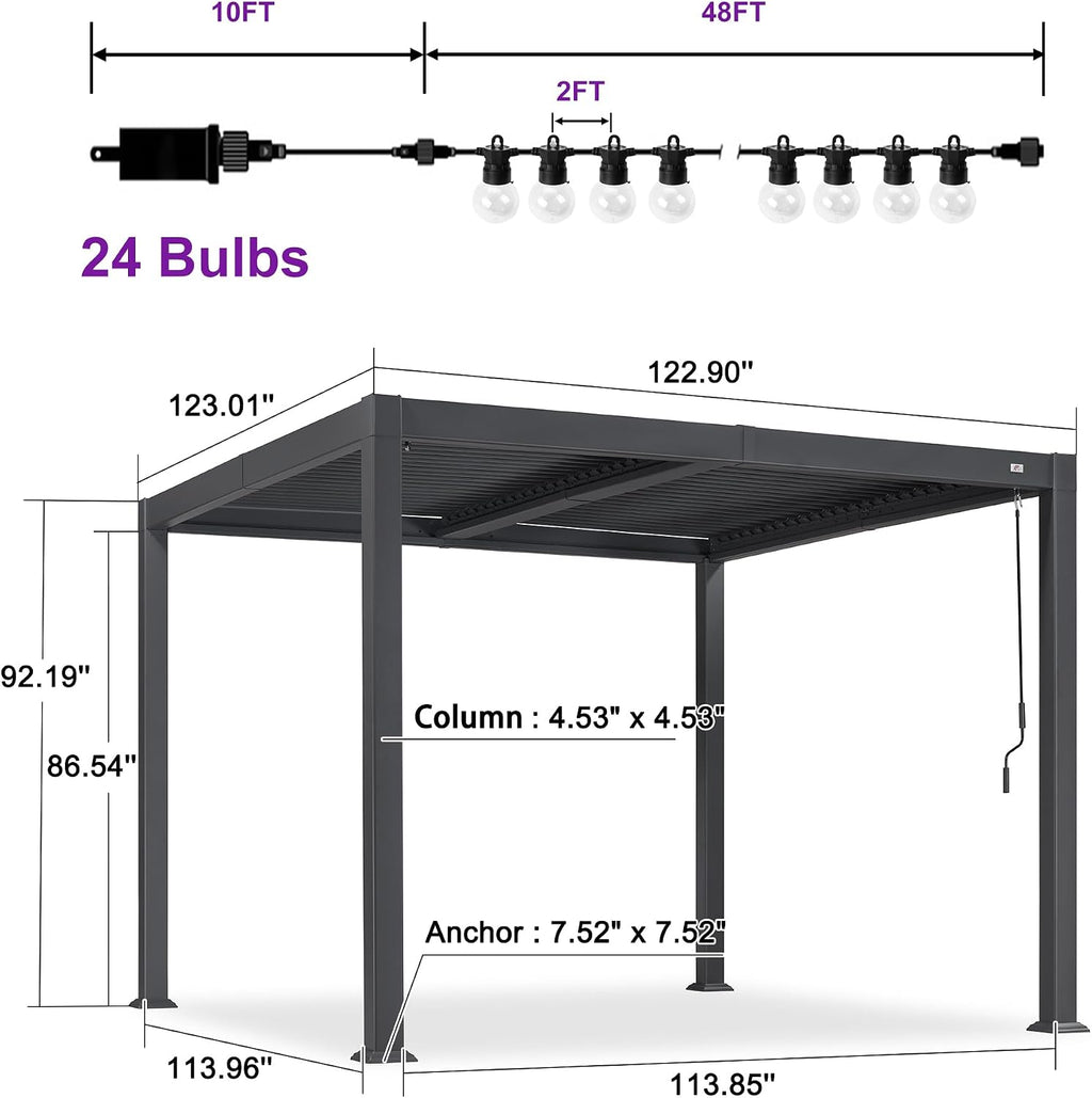 PURPLE LEAF Louvered Pergola w/Light 10' x 10' Aluminum Outdoor Pergola, Adjustable Louvers Roof, Integrated Drainage System 70 Mph High Wind Resistant Small Pergolas for Patio Deck Porch Yard