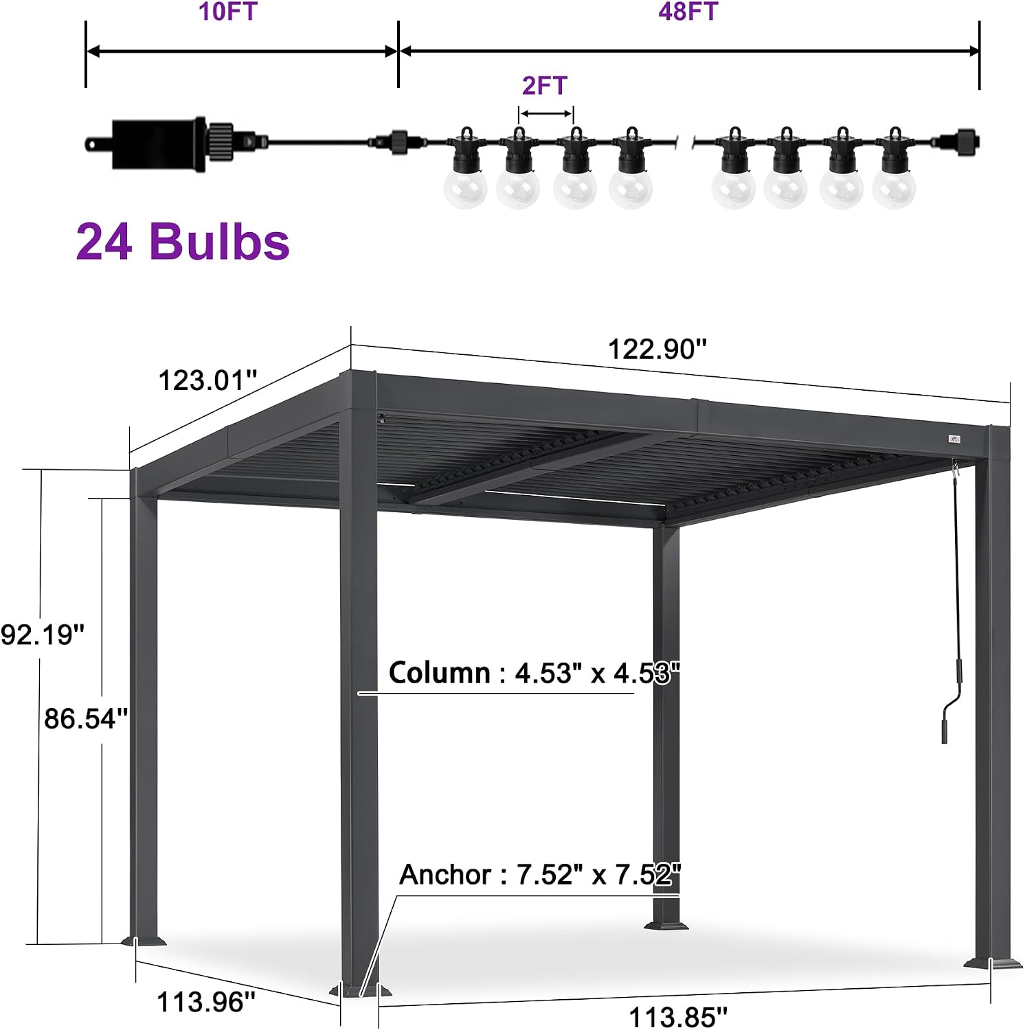PURPLE LEAF Louvered Pergola w/Light 10' x 10' Aluminum Outdoor Pergola, Adjustable Louvers Roof, Integrated Drainage System 70 Mph High Wind Resistant Small Pergolas for Patio Deck Porch Yard