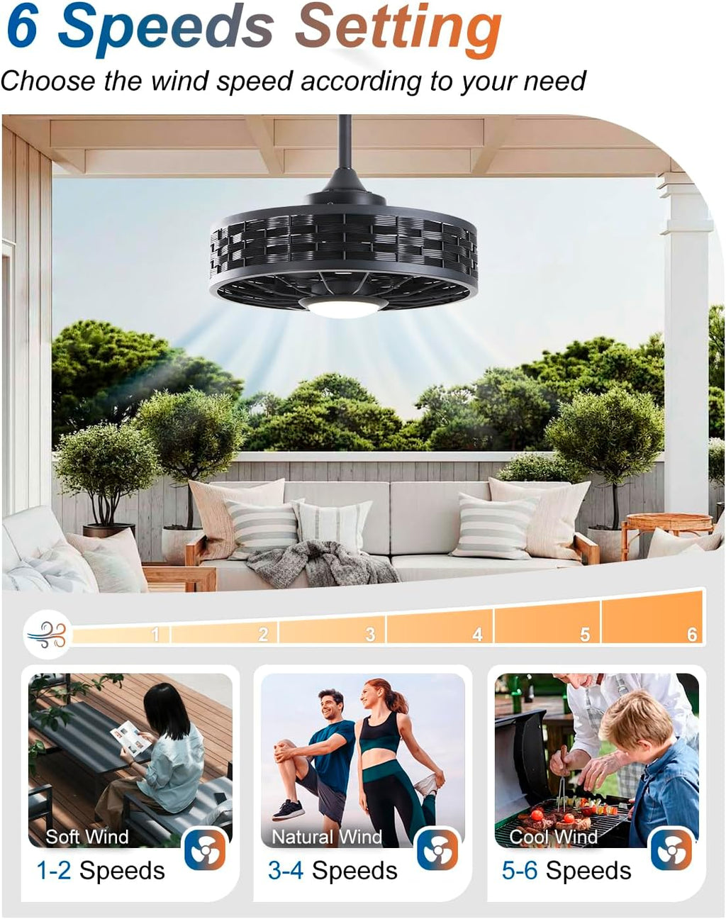 Outdoor Ceiling Fans with Light for Patios, 20' Weatherproof Gazebo Fan with Hanging Hook, Remote Control & APP, 6 Speeds, 3CCT, Caged Plug in Ceiling Fan for Patio