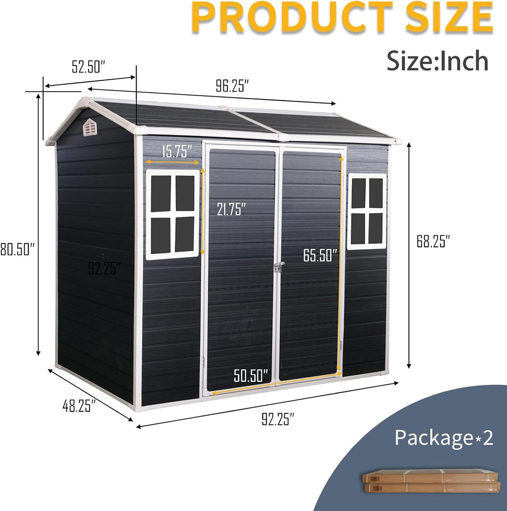 8x4 ft Outdoor Resin Storage Shed with Floor, Waterproof Plastic Garden Shed with Lockable Door and Two Windows, All-Weather Tool Sheds for Backyard, Patio, Lawn (Black)