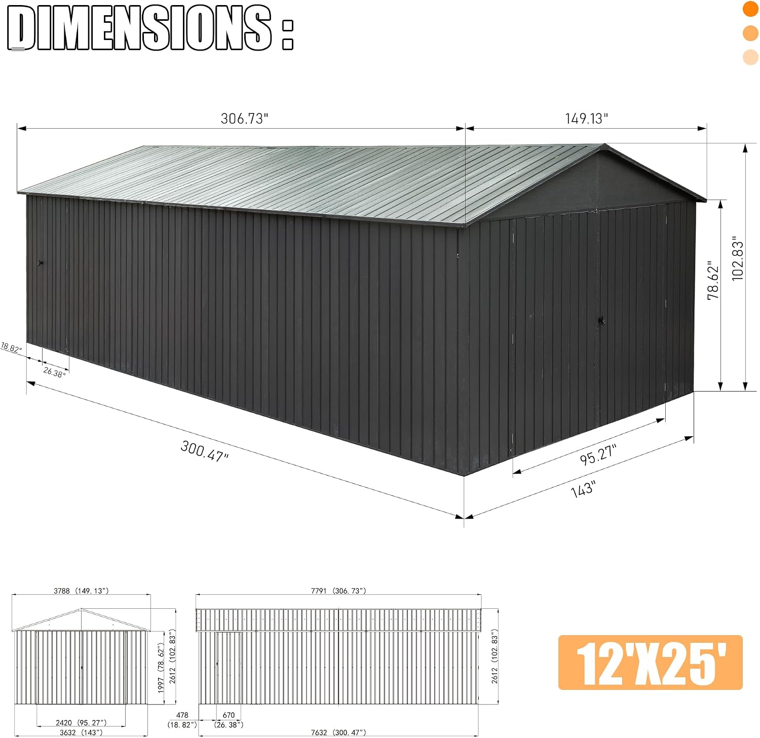 Domi 12x25FT Outdoor Metal Garage Shed, Extra Large Metal Carport with Lockable Double Hinged Doors, Heavy Duty Car Shelter for Car, Truck, Motorcycle and Lawn Equipment, Dark Grey