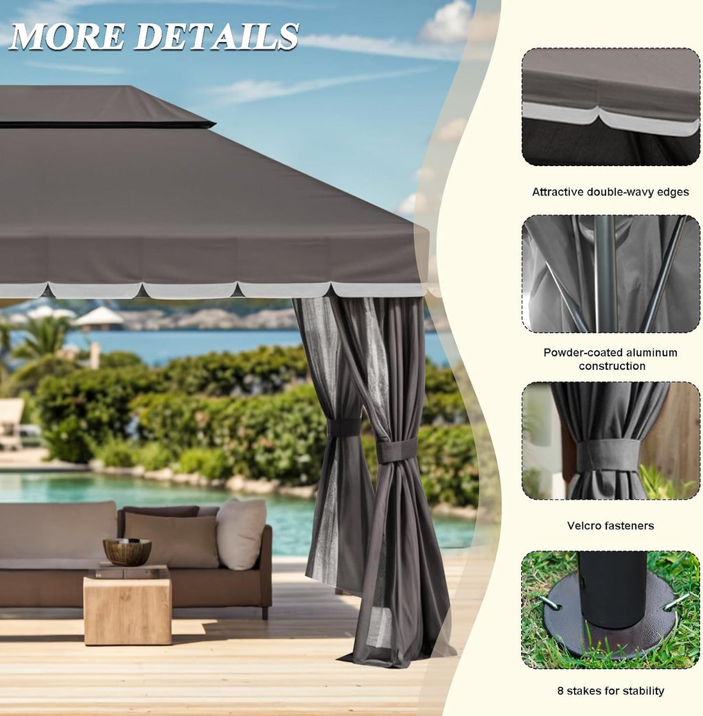 10x13 Gazebo for Patio, Outdoor Gazebo with Mosquito Netting & Curtains, Double Tier Roof Round Leg Marquee Canopy Shelter for Garden, Deck, Backyard, Lawn (D/Gry)