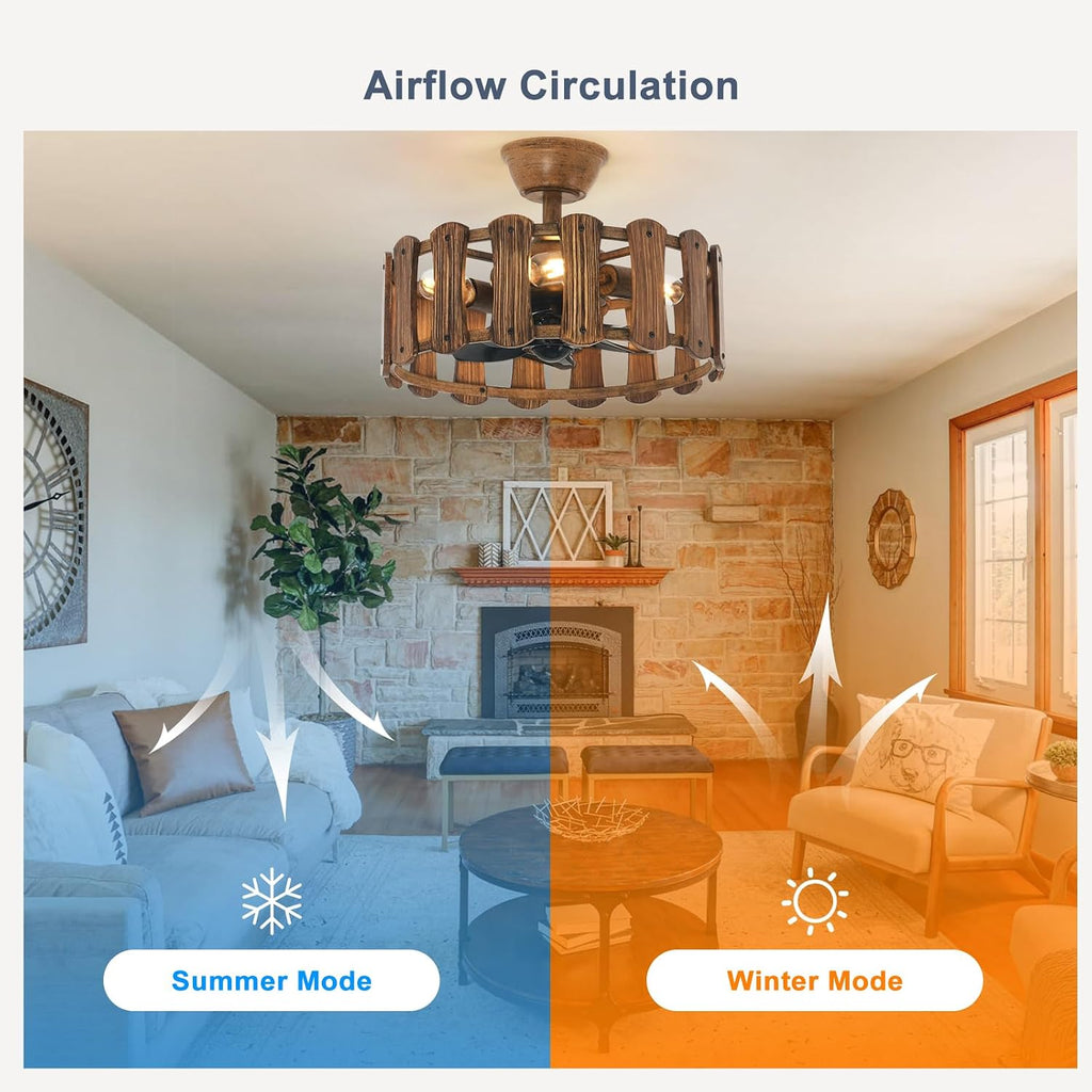 Garwarm 18in Caged Ceiling Fan with Light, Chandelier Farmhouse Ceiling Fans with Lights and Remote,Bladeless Rustic Fandelier Ceiling Fan for Kitchen, Bedroom（6 Speed, Timing）-Rustic Wood