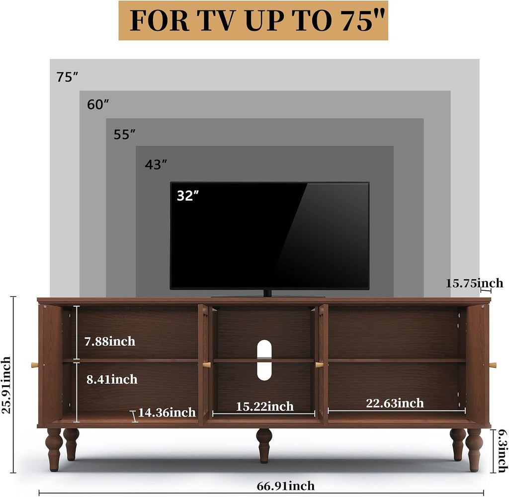 3More 67' Mid Century Modern TV Stand with Window Design,Wood Entertainment Center with Open Shelf,Up to 70' Media TV for Living Room or Bedroom,Walnut