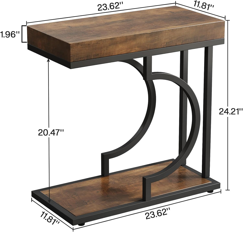 Tribesigns Narrow Side Table Set of 2, C Shaped End Table for Couch, Modern Bedside Tables with Metal Frame, Small Sofa Tables for Small Spaces, Living Room (2, Brown+Black)