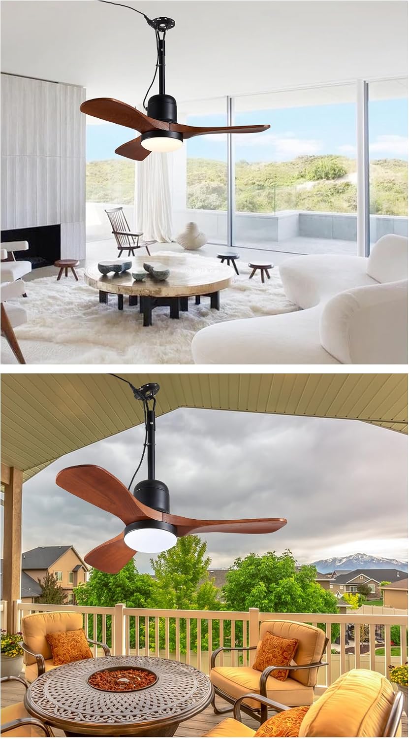 34' Outdoor Ceiling Fan with Light & Remote, Plug-in or Hardwire Gazebo Fan, Waterproof Wet Rated, 3 Walnut Wood Blades, Rustic Farmhouse Hanging Fan for Patio, Porch & Bedroom (Walnut-F235)