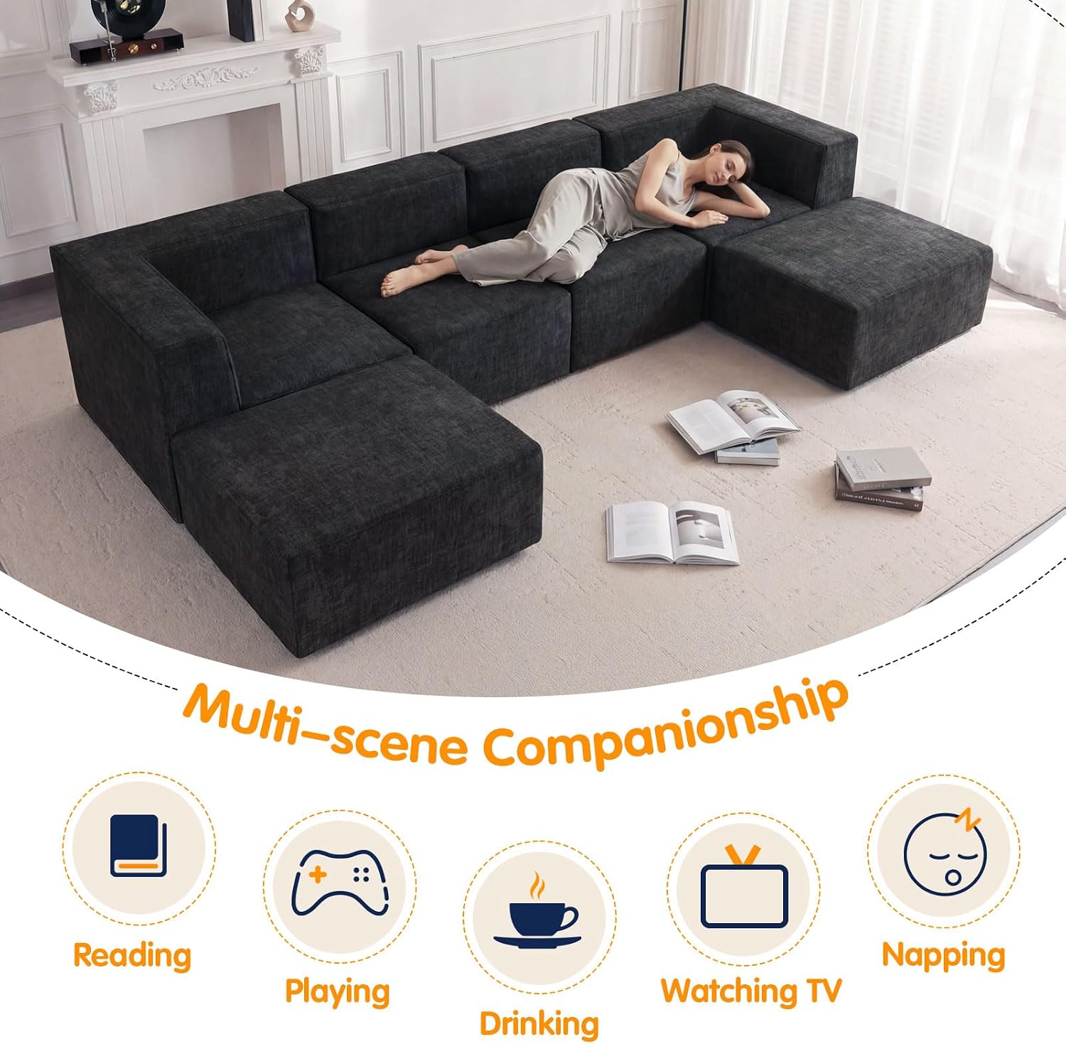 136' 6-Piece Sectional Sofa Modular Couches,L-U-Shaped with Chaise,for Living Room,Compressed Foam No Assembly,for Living Room (2xArmless Corner Ottoman) Fabric Chenille Dark Grey