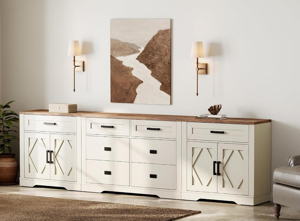 WAMPAT 110' W Large TV Stand,3-in-1 Farmhouse Entertainment Center with Storage Barn Door Cabinet,TV Console Table with Media Cabinet and Drawers for Living Room,Bedroom,Cream White