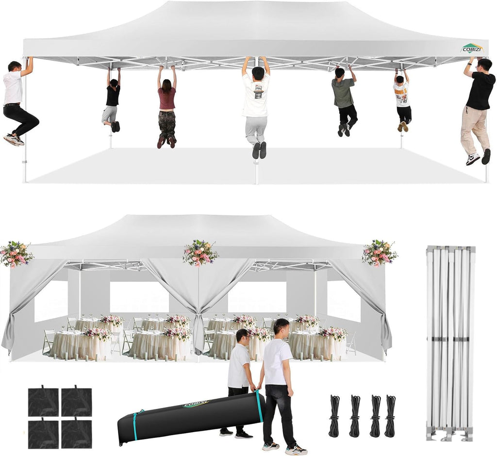 COBIZI 13x26 Pop Up Canopy with 6 Removable Sidewalls Heavy Duty Canopy Party Tents for Parties, Outdoor Wedding Large Event Tent Wind Waterproof UPF 50+ Easy Up in Garden Lawn with Roller Bag, White