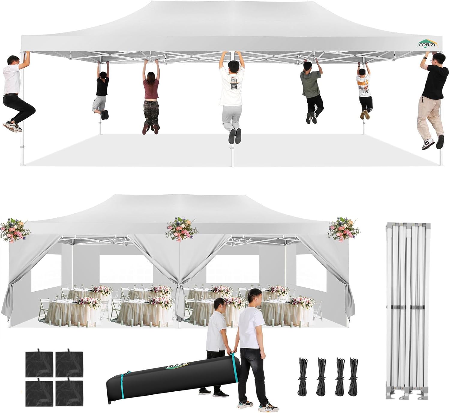 COBIZI 13x26 Pop Up Canopy with 6 Removable Sidewalls Heavy Duty Canopy Party Tents for Parties, Outdoor Wedding Large Event Tent Wind Waterproof UPF 50+ Easy Up in Garden Lawn with Roller Bag, White