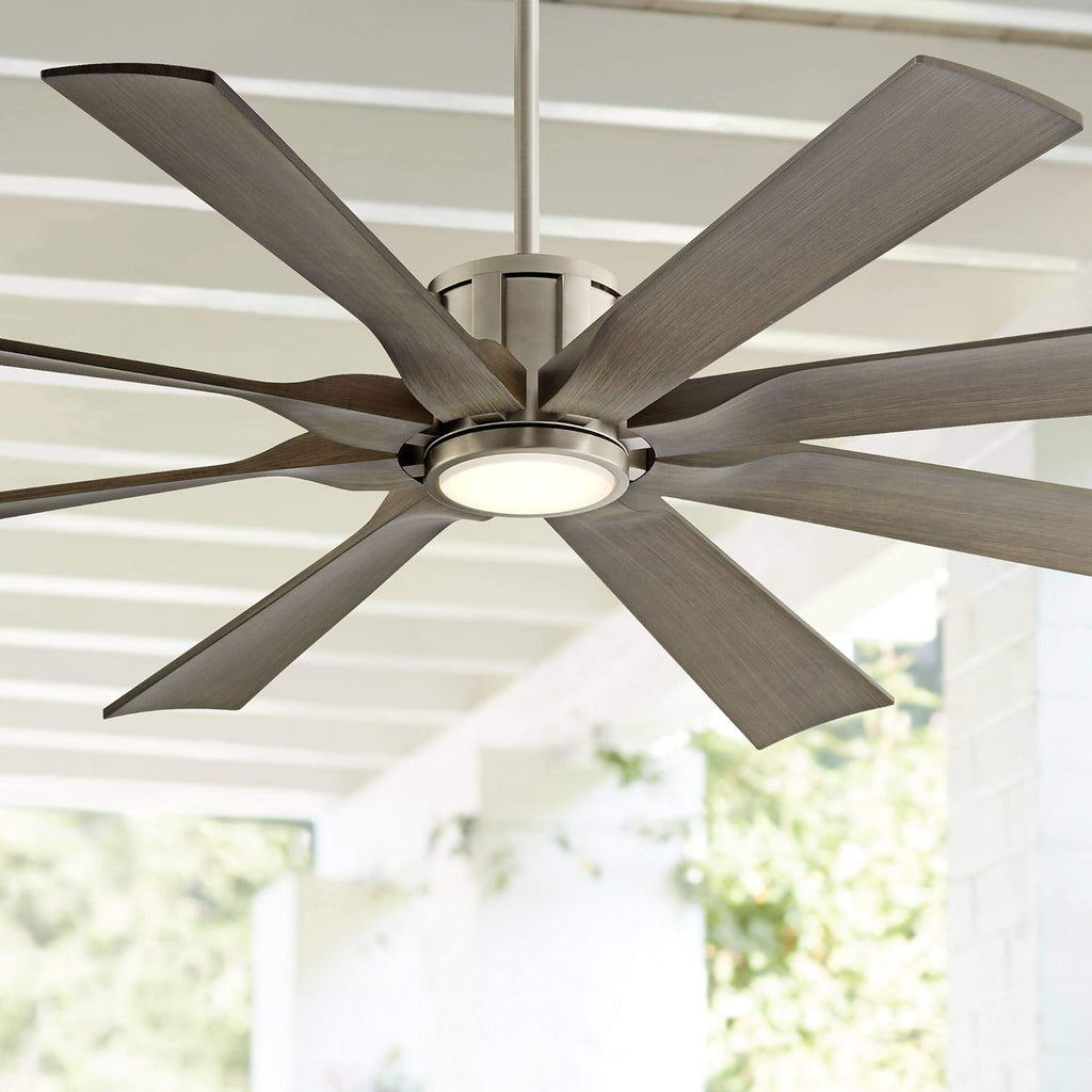 Possini Euro Design 60' Defender Modern Large Outdoor Ceiling Fan with LED Light Remote Control Brushed Nickel Weathered Oak Blades Dimmable Damp Rated for Patio Exterior House Porch Gazebo Garage