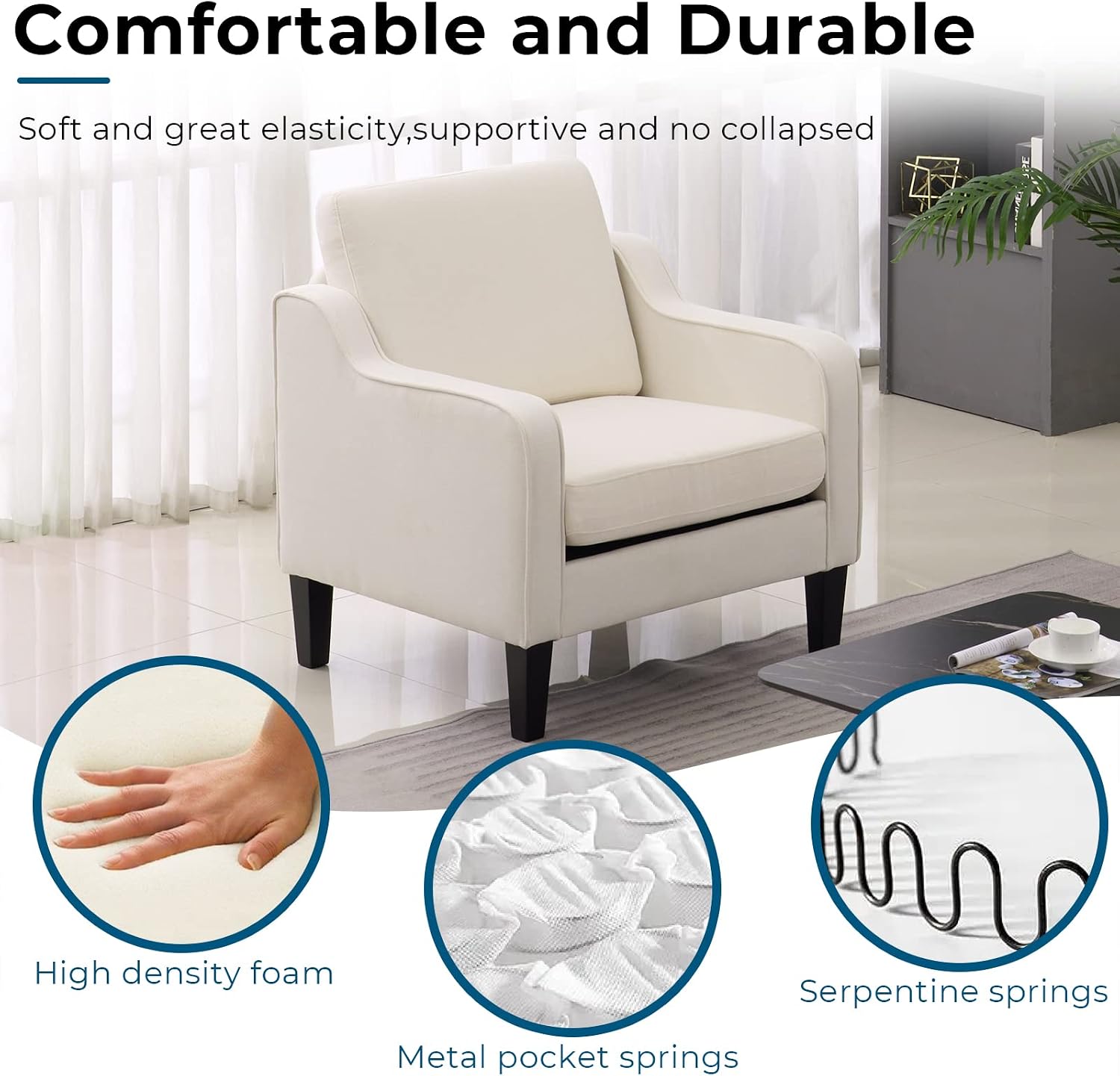 VINGLI Mid Century Modern Accent Chair, Beige Fabric Accent Chairs for Living Room Upholstered Armchair Sofa with Scooped Arms for Bedroom, Apartment, Studio, Office, Waiting Room