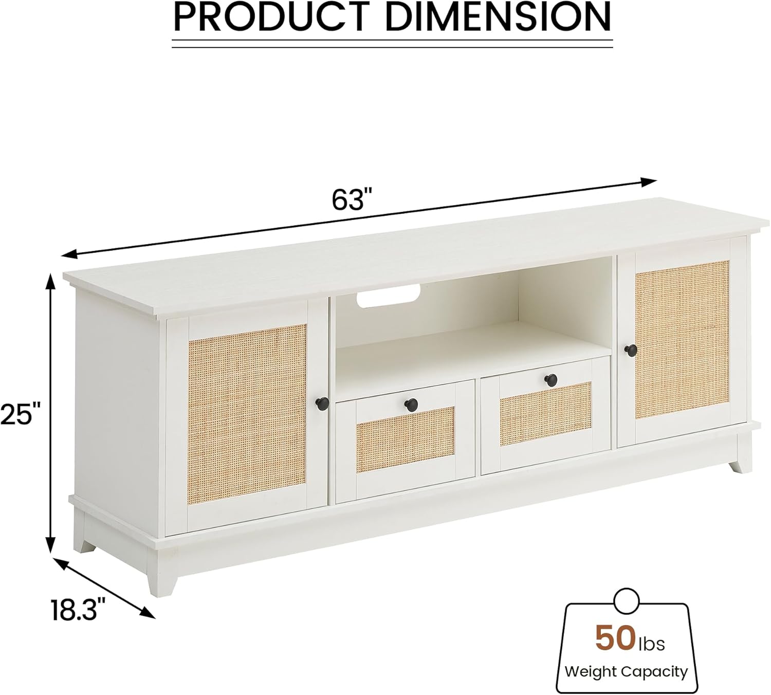GAOMON Rattan TV Stand for 65 Inch TV, Boho Entertainment Center, TV Console with 2 Cabinets & Adjustable Shelf, Modern TV Stand with Storage (White Desktop)