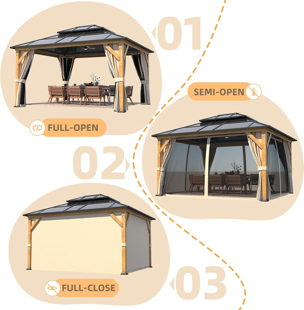 YOLENY 12'x14' Hardtop Wood Outdoor Gazebo, Polycarbonate Double Roof, Netting and Curtains, Patio Gazebo for Decks, Backyards, Lawns and Gardens