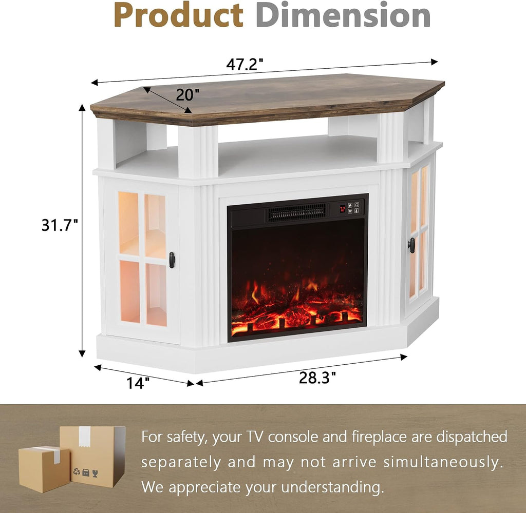 Furmax Fireplace Corner TV Stand for Up to 55 Inch, Modern Console with 18 Inch Electric Fireplace, Entertainment Center with Open Shelf and Storage Cabinets for Living Room (LED Antique White)