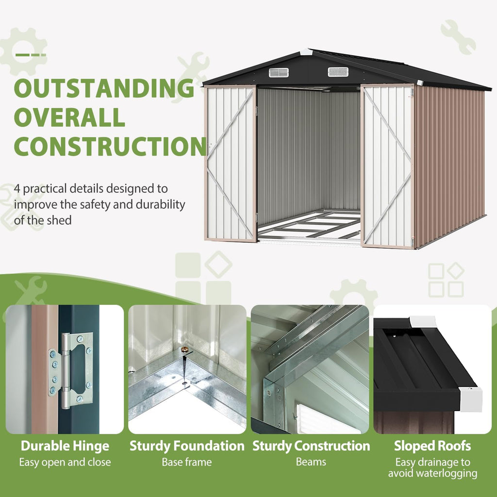 8x12FT A-Frame Metal Shed with Base Included, Brown Outdoor Tool Storage Building, Durable and Weather-Resistant, Perfect for Backyard, Garden, or Lawn