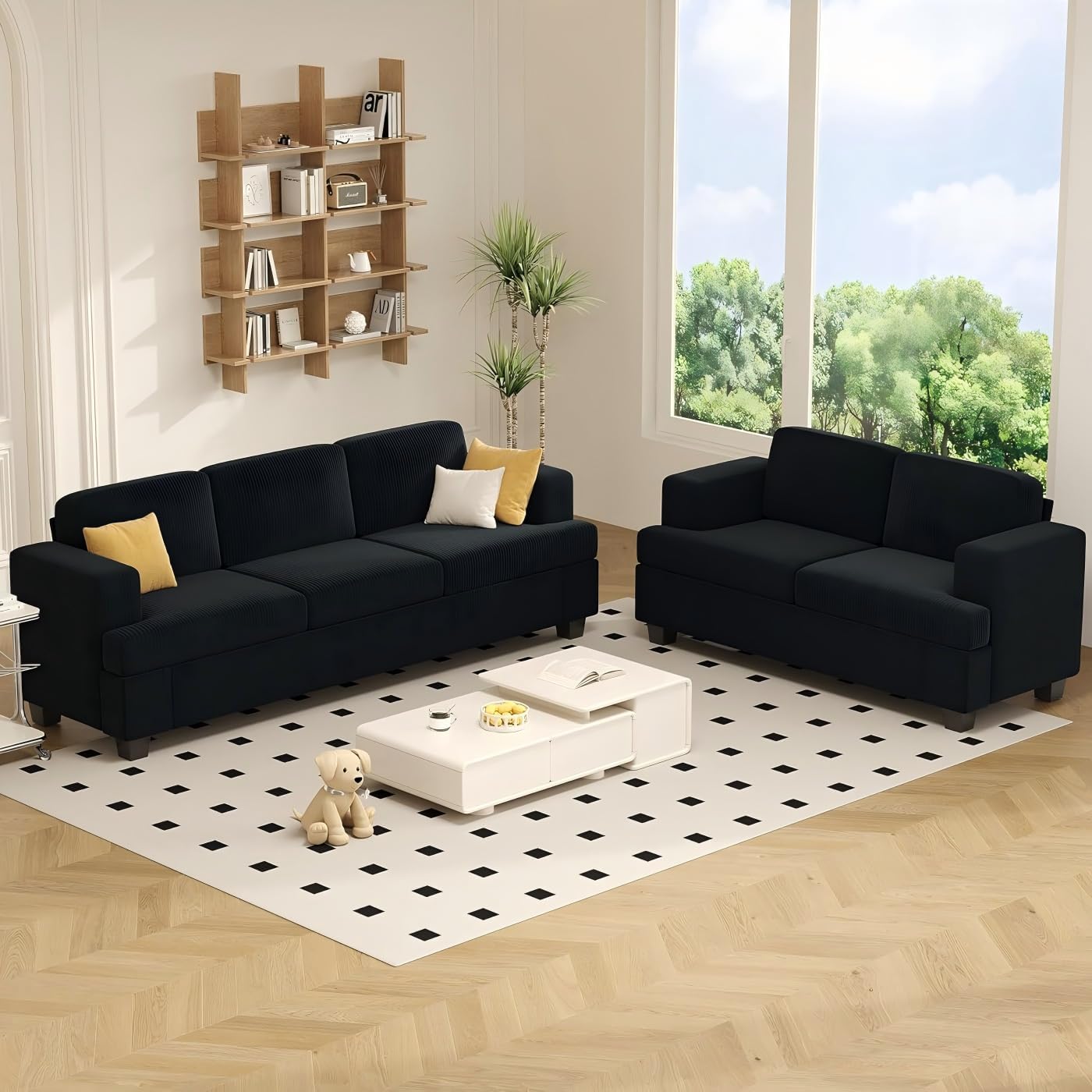 Apicizon Loveseat & 3 Seater Sofa Sets, 89' Couch Sofa Set for Living Room Furniture, 2 Piece Modern Sleeper Sofa with Deep Seat Cloud Couch for Apartment Lounge, Black Corduroy