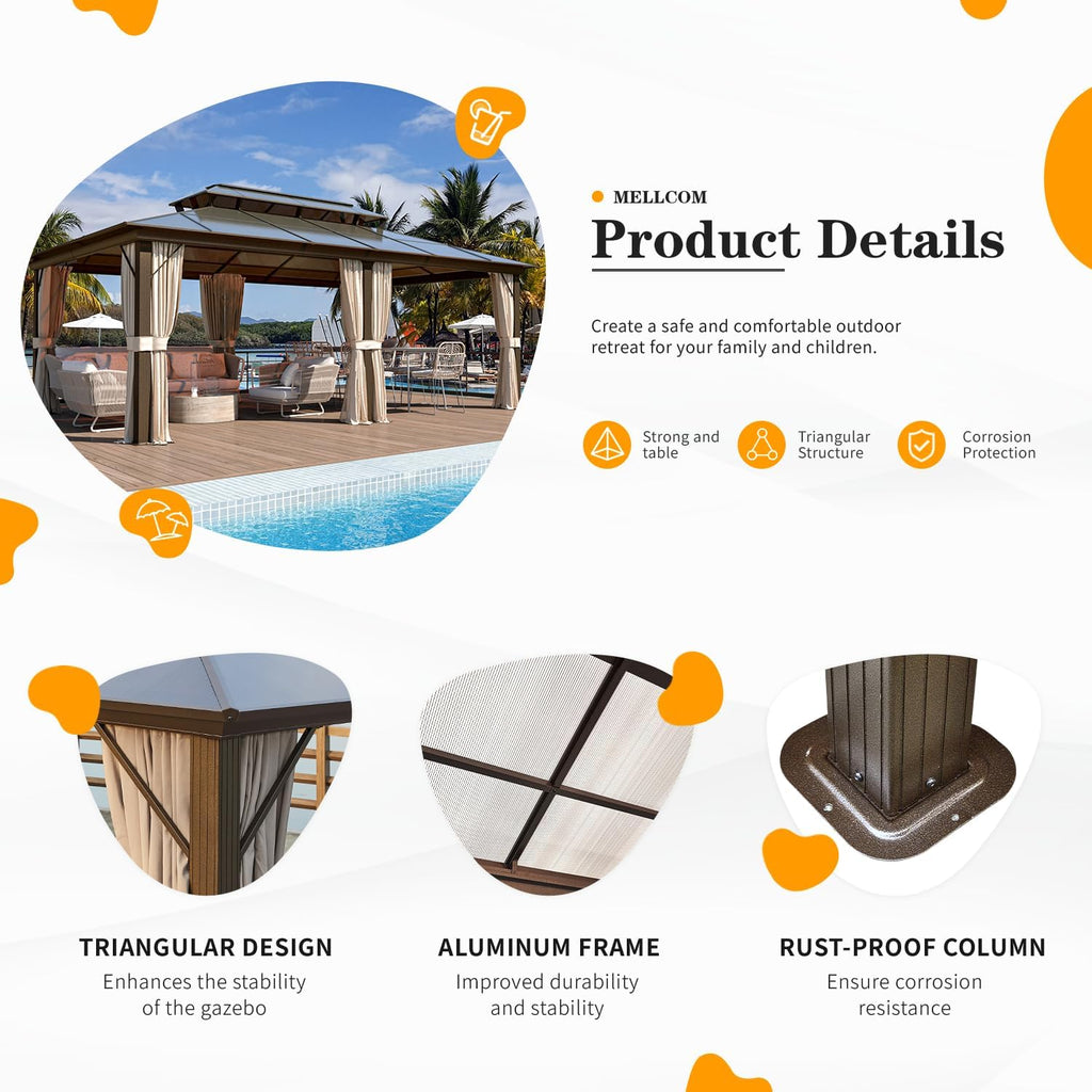 MELLCOM 12x20ft Hardtop Gazebo, Polycarbonate Double Roof Aluminum Gazebos, Outdoor Waterproof Pergola with Netting and Curtains for Backyard, Deck, Patio