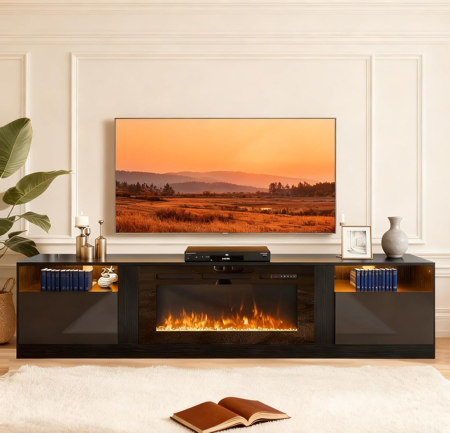 MXV 80' Fireplace TV Stand for TVs Up to 90', LED Light Entertainment Center with 36' Electric Fireplace, Modern Wood Texture TV Media Console with Highlight Storage Cabinet, Black+Black