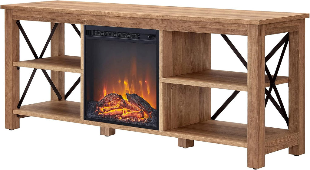 Henn&Hart Rectangular TV Stand with Log Fireplace for TV's up to 65' in Golden Brown, TV Stands for the Living Room