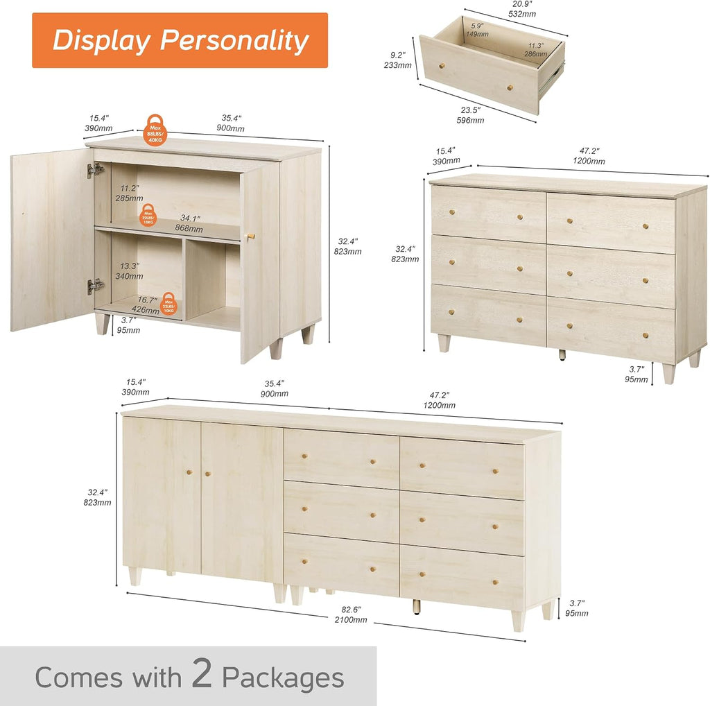 WAMPAT TV Stand Cabinets for 85+ Inches TVs, 2-in-1 Wood Media Console Table with 2 Doors and 6 Drawers, Modern Highboy Entertainment Center with Storage for Living Room Bedroom, Natural Oak