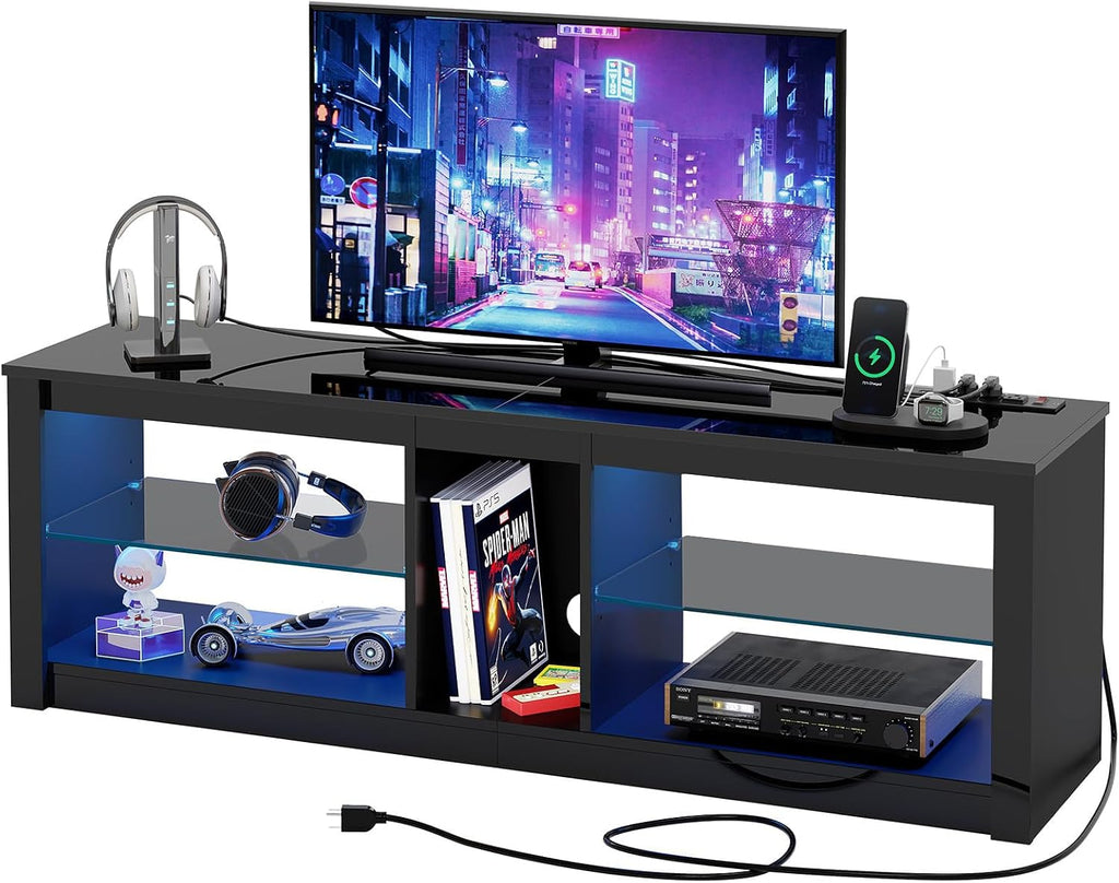 Bestier LED TV Stand for 55/60/65 Inch TV, Black High Gloss Entertainment Center with Power Outlet & Adjustable Shelves, Modern Gaming TV Console with Storage for Living Room Bedroom