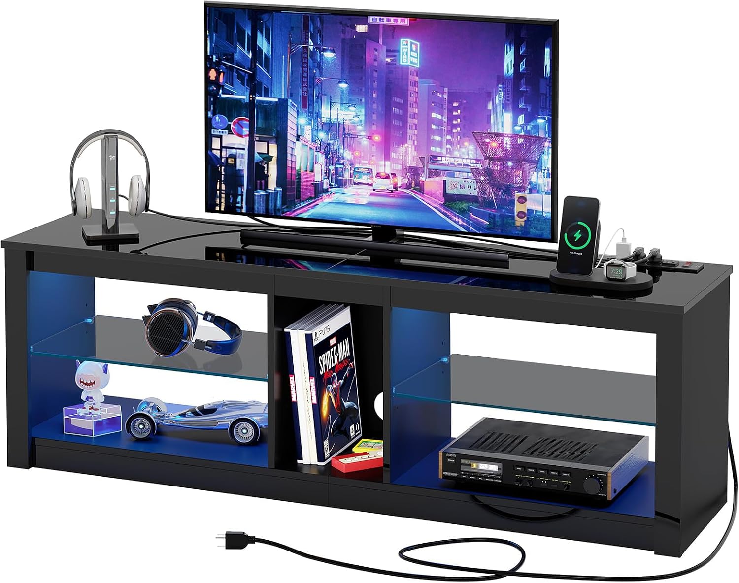 Bestier LED TV Stand for 55/60/65 Inch TV, Black High Gloss Entertainment Center with Power Outlet & Adjustable Shelves, Modern Gaming TV Console with Storage for Living Room Bedroom