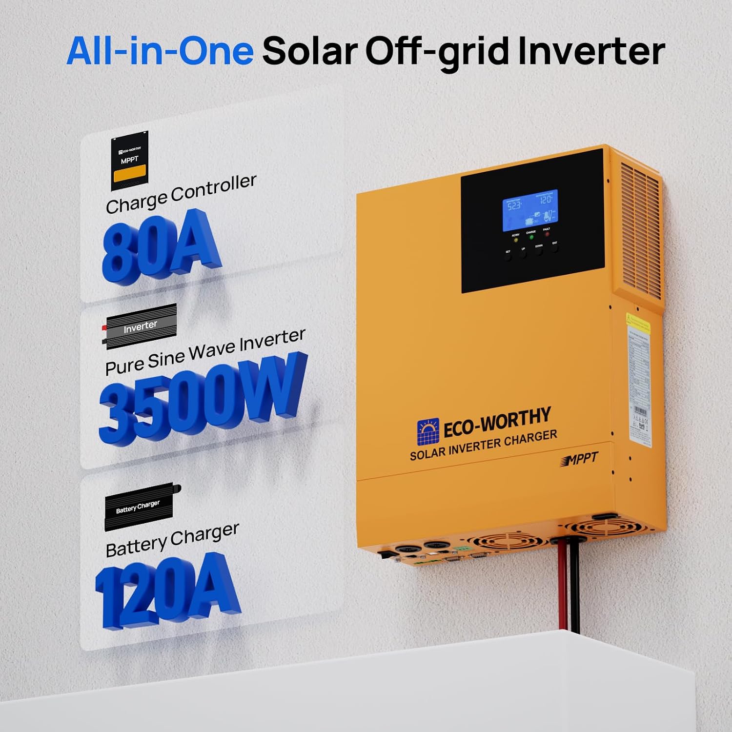 ECO-WORTHY 3500W Pure Sine Wave Solar Inverter Charger,All-in-One 48V Solar Inverter 48V DC-120V AC,80A MPPT Solar Controller,for LiFePO4/Lead Acid Battery,Off-Grid,Home Energy Storage