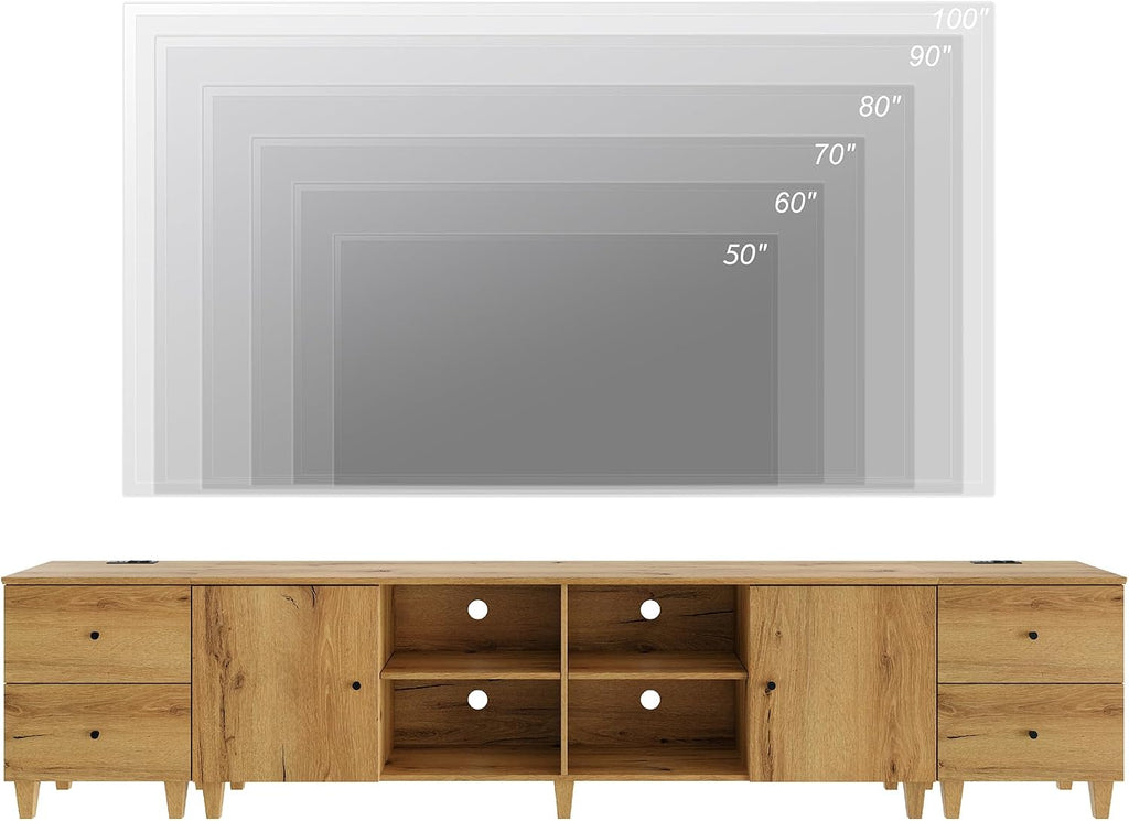 WAMPAT 3-in-1 TV Stand w/Doors&Charging Station, 105' Modern Wood Entertainment Center Media Console for 110+ inch TVs, TV Cabinet w/Shelves&4 Drawers for Living Room, Bedroom, Oak Brown